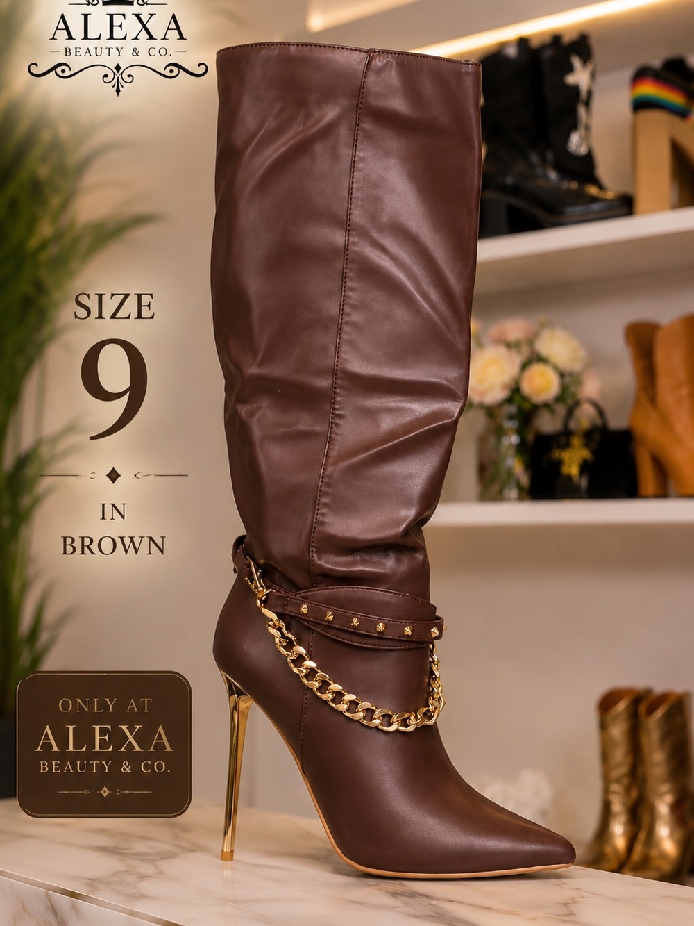 Brown Tall Stiletto Boot with Gold Chain Detail